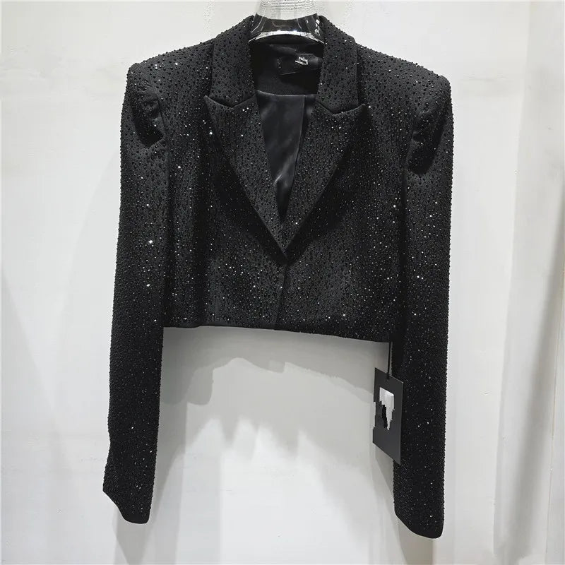 Women Short Blazer Trend Heavy Diamonds Shoulder Pad Design Niche Stylish Elegant High Street Long Sleeve Suit-Coat HK26338