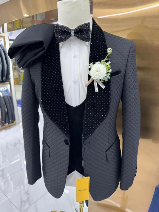 New Luxurious Beaded Tuxedo 3 Pieces Blazer Vest Pants For Men Party Prom Wear Handsome Shawl Lapel Men's Suits Customized 2026