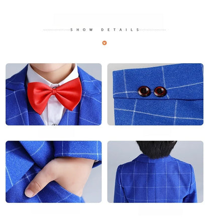 Boys 4Pieces Blue Plaid Suit Set With Jacket Vest Pants Bowtie Kids Formal Wedding Birthday Performance Photography Outfit