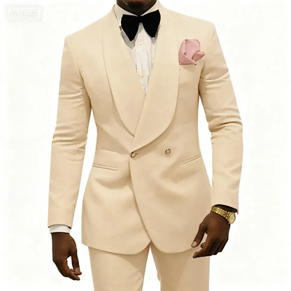 Men's Double Breasted 2-Piece Wedding Suit with Rose Jacket — Smoking Suit for Men