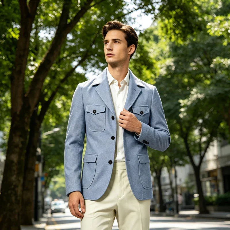 Men's Wool Blazer Notched Lapel Slim Fit 3 Buttons Suit Jacket Multi Pockets Casual Business Autumn Winter Dress Coat Daily Wear