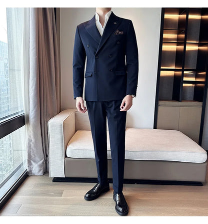 (Blazer + Trousers) Fashion Double Breasted Design Slim Men's Suit Italian Style Luxury Wedding Social Party Tuxedo 2 Piece Set
