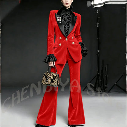 Wine Red Women Suit Stylish Velvet Elegant Outfit Peaked Lapel Blazer Pants Evening Party Prom Female Clothing Two Pieces