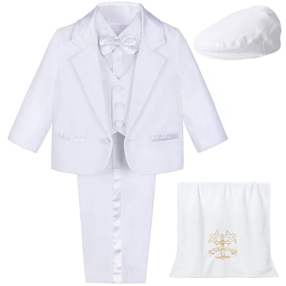 Baby Boy Baptism Outfit Infant White Christening Suit with Hat Toddler Wedding Birthday Party Clothing Long Sleeved Tuxedo 5PCS