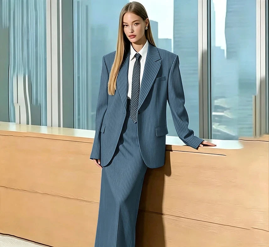 Stylish Gray Pinstripe Woman Clothing Single Breasted 2 Pieces Jacket Maxi Skirt Suit Set Formal Business Office Lady Wear
