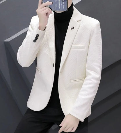 Men's Autumn Winter Fleece-Lined Slim Fit Casual Blazer Korean Style Solid Color Thick Warm Youth Fashion Suit Jacket