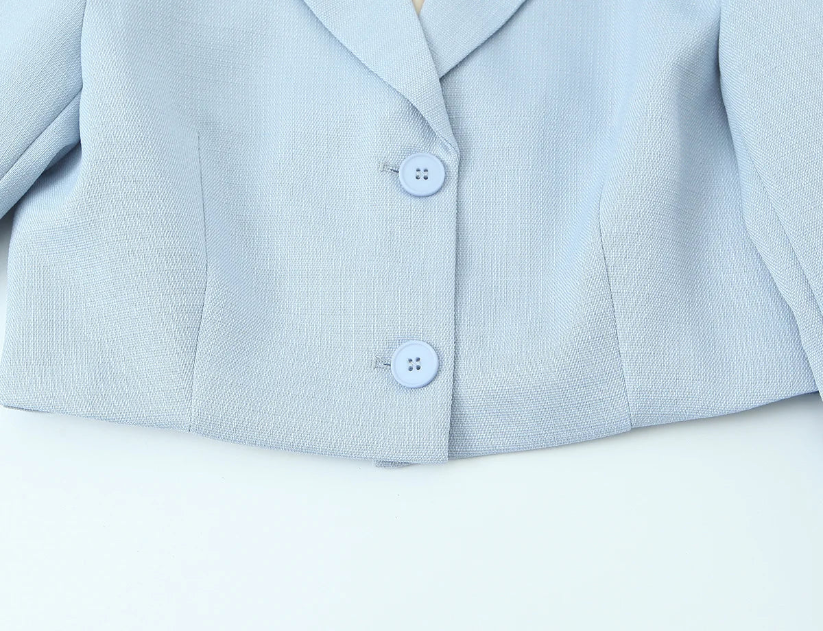 Spring Commuter Style Short Blue Suit Jacket Women's Fashionable Versatile Single Button Flip Collar Top Thin Long Sleeve