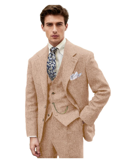 3 Piece Grey/Brown Mens Tweed Herringbone Wedding Suit Prom Tuxedos Peak Lapel Tweed for Business Slim Fit (Blazer+Vest+Pants)