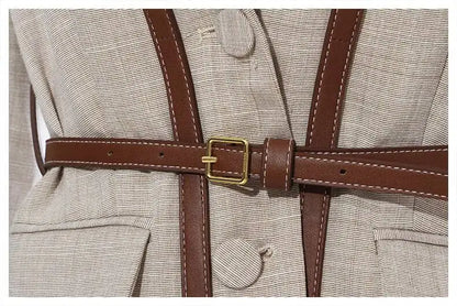 Women Blazer Contrast Color Spliced PU Leather Belted Slim Fit Single Breasted Elegant Urban High-end Jacket Spring HK10667