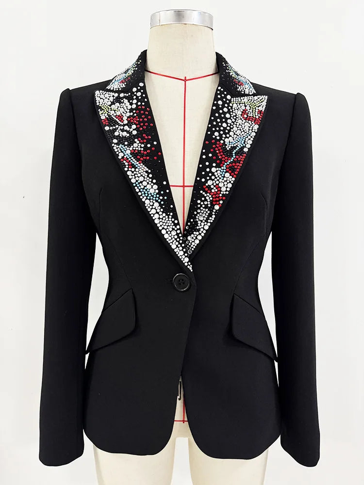 2026 Spring New Women Blazer Studded Colorful Diamonds Single Button Slim Fit Elegant Trend Office Lady Luxury Coat HK17503