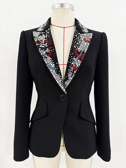 2026 Spring New Women Blazer Studded Colorful Diamonds Single Button Slim Fit Elegant Trend Office Lady Luxury Coat HK17503