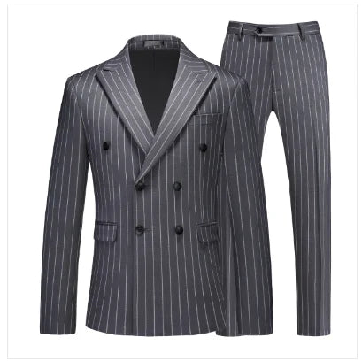 Fashion Men Double Breasted Striped Suit 2 Piece Black / Wine Red Homme Business Social Wedding Party Blazers and Trousers