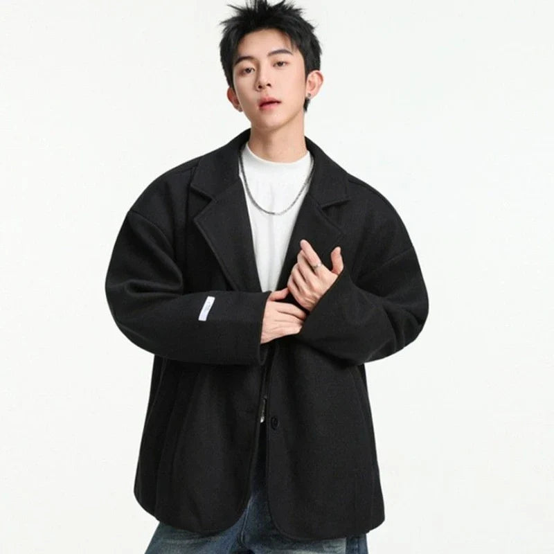 Men's British Style Brown Wool Blend Blazer Korean Loose Lapel Chic Autumn Fashion Suit Jacket