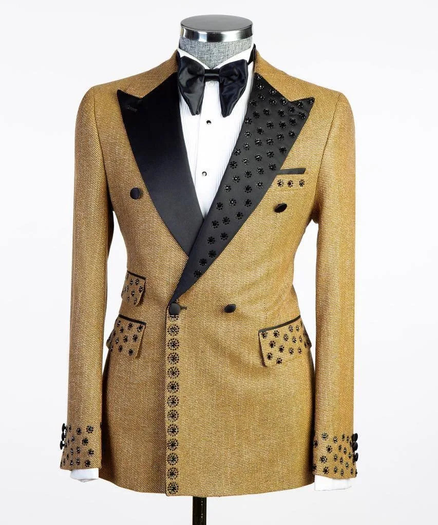 Modern Men's Suits Peaked Lapel Beads 2 Pieces Blazer Pants Business Formal Work Wedding Groom Tuxedo Customized Costume Homme