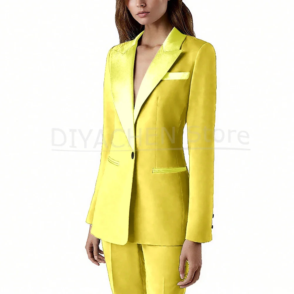 Pants Sets 2 Piece Fashion Satin Peak Lapel Single Button Solid Color Outfits Chic Casual Slim Daily Office Women's Suit
