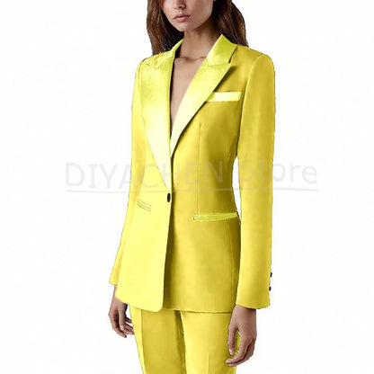 Pants Sets 2 Piece Fashion Satin Peak Lapel Single Button Solid Color Outfits Chic Casual Slim Daily Office Women's Suit