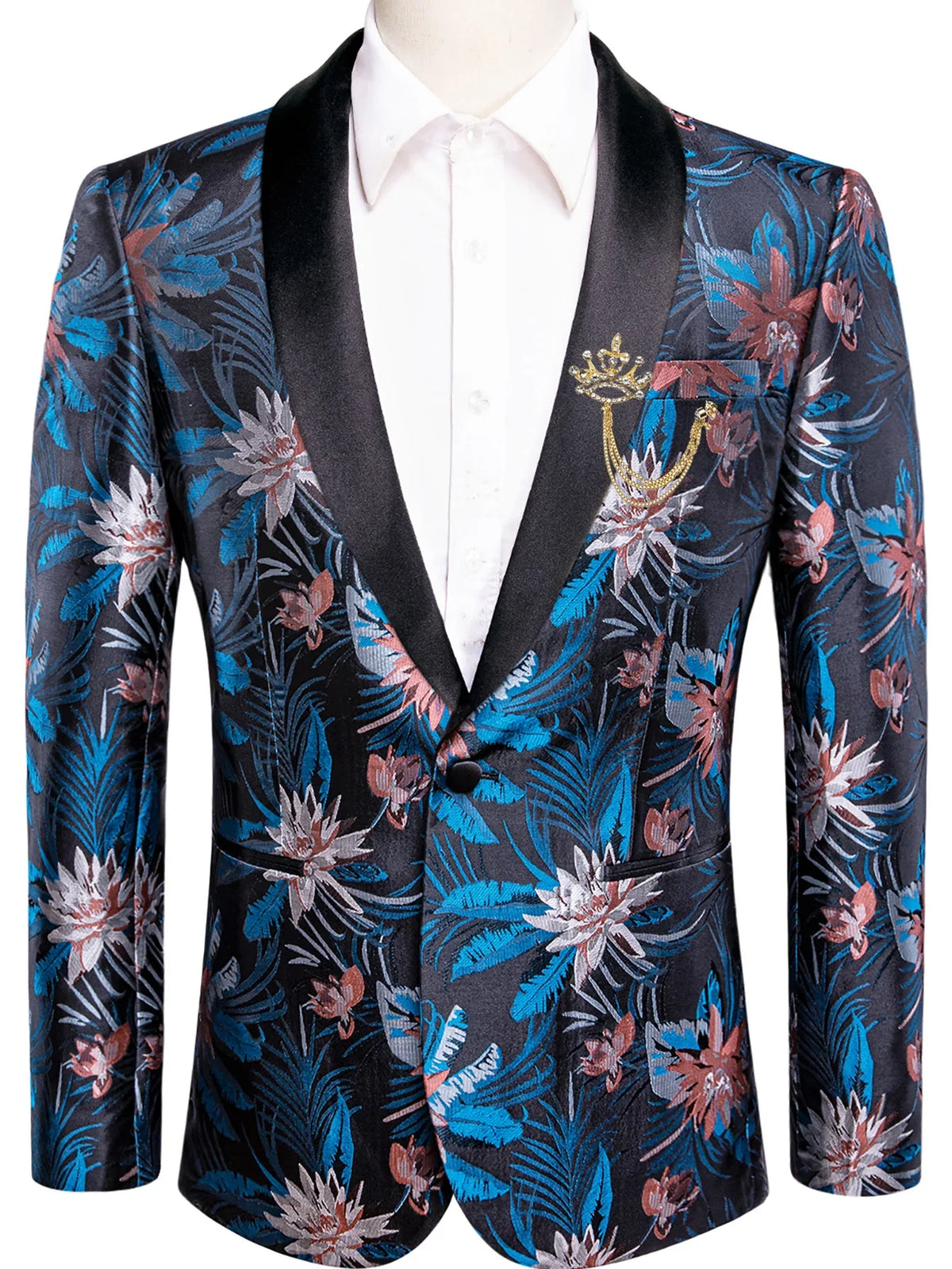 Tropical Floral Jacquard Mens Tuxedo Jacket, Black Shawl Lapel Slim Fit Blazer for Prom Banquet Wedding Photo Outfit
