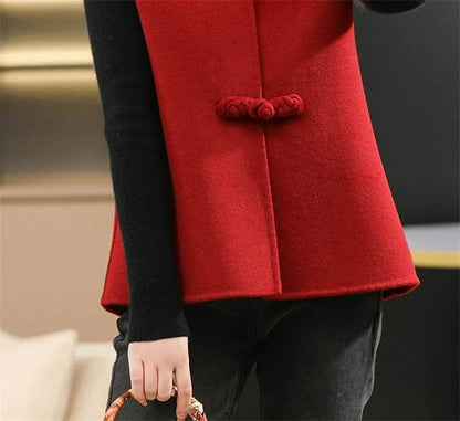 Woolen Vest Women's Standing Neck Button Chinese Style Loose Versatile Thin Wool Vest Outerwear Coat Sleeveless Jacket For Women