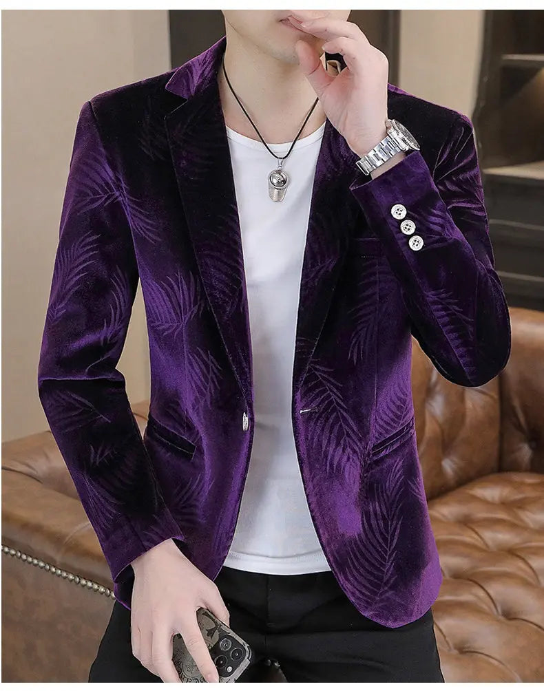 Men's Slim Fit Velvet Blazer – Bamboo Leaf Print Smart Casual Suit Jacket