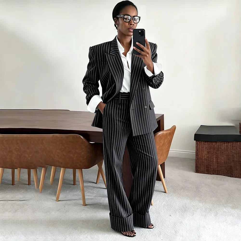 Neutral Gray Pinstripe Oversized Matching Sets Double Breasted Women's Suit Casual Formal 2-Piece(Jacket+Pants) Office Set
