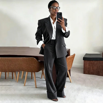 Neutral Gray Pinstripe Oversized Matching Sets Double Breasted Women's Suit Casual Formal 2-Piece(Jacket+Pants) Office Set