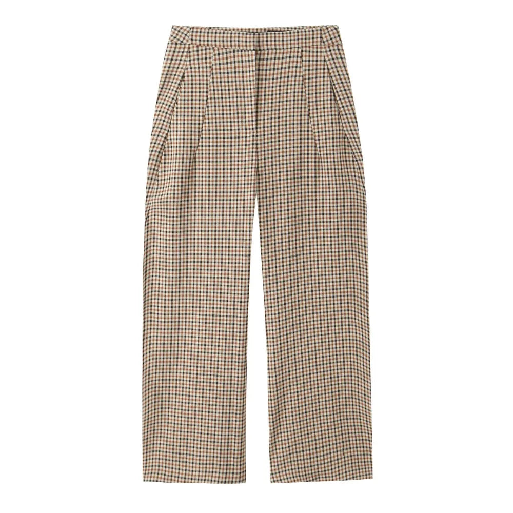 Stylish Plaid Pant Suits for Women New in Commuting Style Two Pieces Straight Plaid Blazer Matching Tonal Pleated Wide Leg Pants