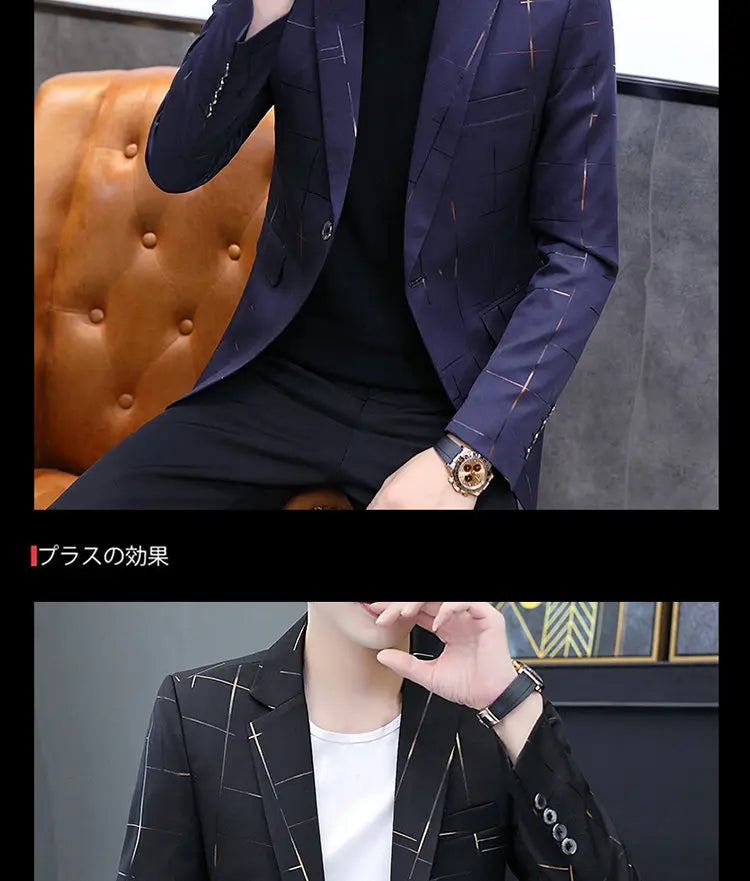 Men's Slim Fit Blazer – Gradient Color, Gold Thread Embossed, Smart Casual