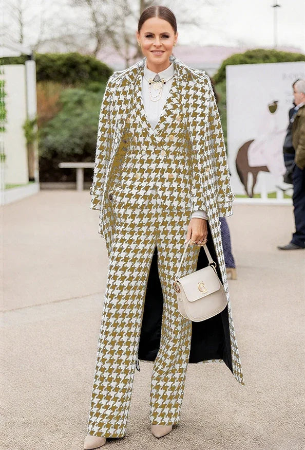 Chic Houndstooth Women Suits 3 Piece & Only Jacket Peak Lapel Formal Casual Prom Party Pants Sets Long Coat Blazer Pants