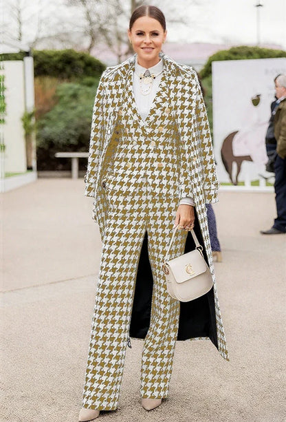 Chic Houndstooth Women Suits 3 Piece & Only Jacket Peak Lapel Formal Casual Prom Party Pants Sets Long Coat Blazer Pants