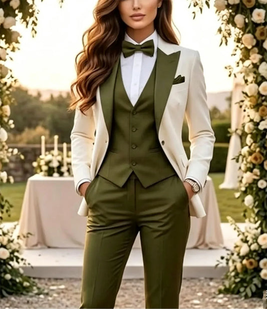 Women's Tuxedo Party Wear Designer Suits Three Piece Bridesmaid Olive Green & White Blazer (Jacket+Vest+Pants) Tailor Made