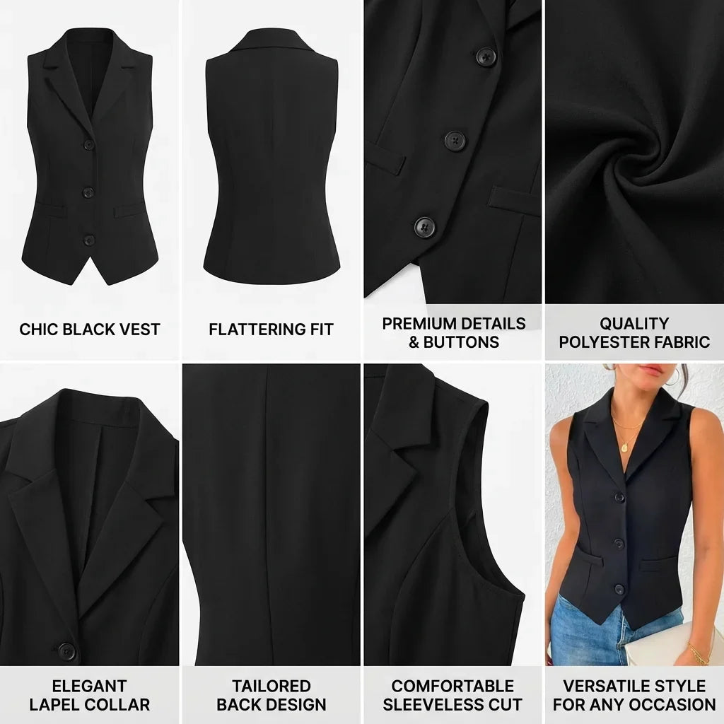 Women's Elegant Sleeveless Blazer Vest Formal Lapel Collar Single-Breasted Office Work Waistcoat Professional Business Suit Vest