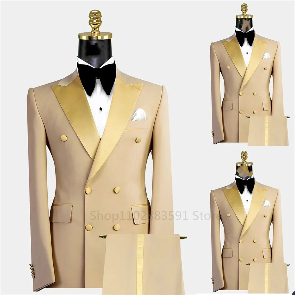 Men's Double-Breasted Suit Set – Peak Lapel, Solid 2-Piece for Wedding & Formal Occasions
