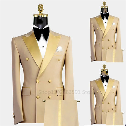 Men's Double-Breasted Suit Set – Peak Lapel, Solid 2-Piece for Wedding & Formal Occasions