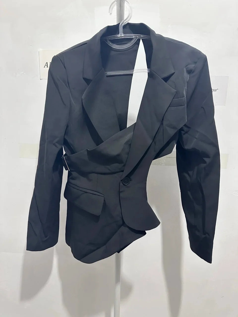 Women's Trendy Elegant High Street Hollow Out Design Pocket Slim Fit Coat Stylish Chic Asymmetric Long Sleeve Blazer HK8293