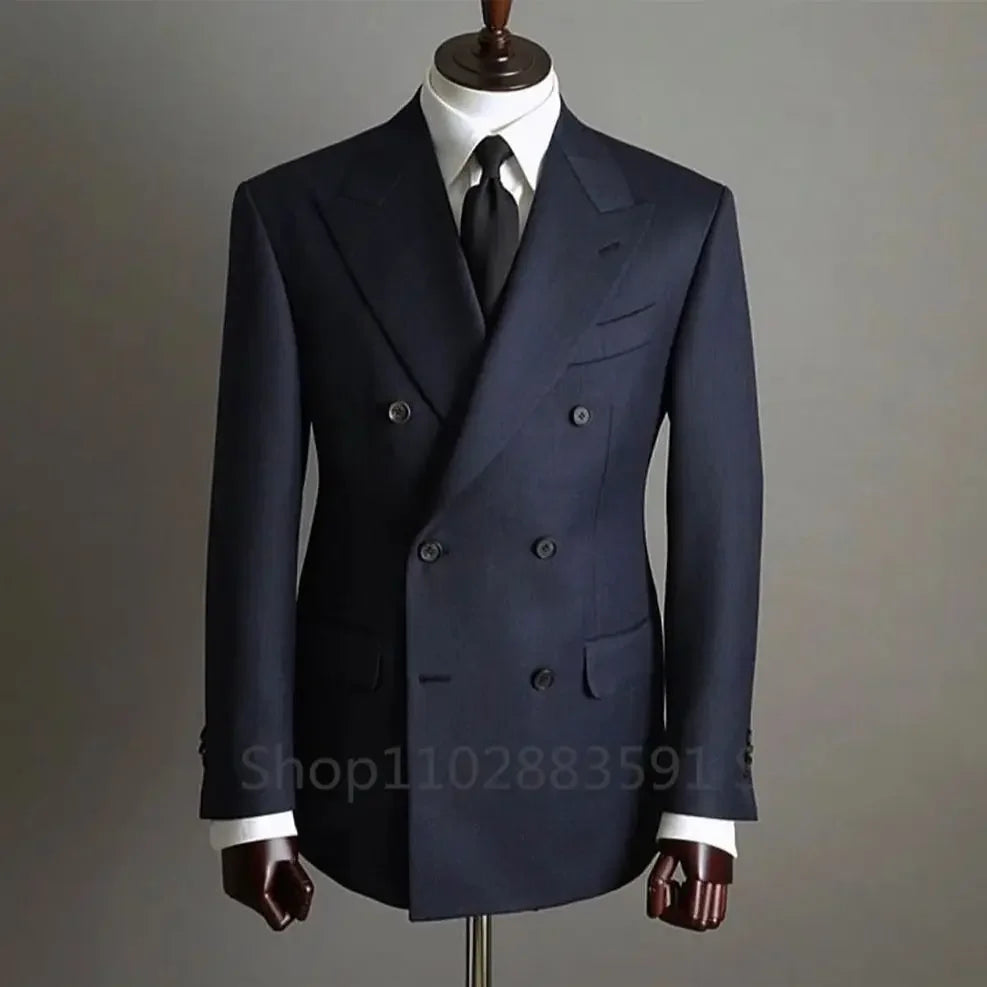 Navy Blue Blazer Fashion Mens Office Business Double breasted Suit Jacket Groom Wedding Dress Jacket Top Host Groom Dress
