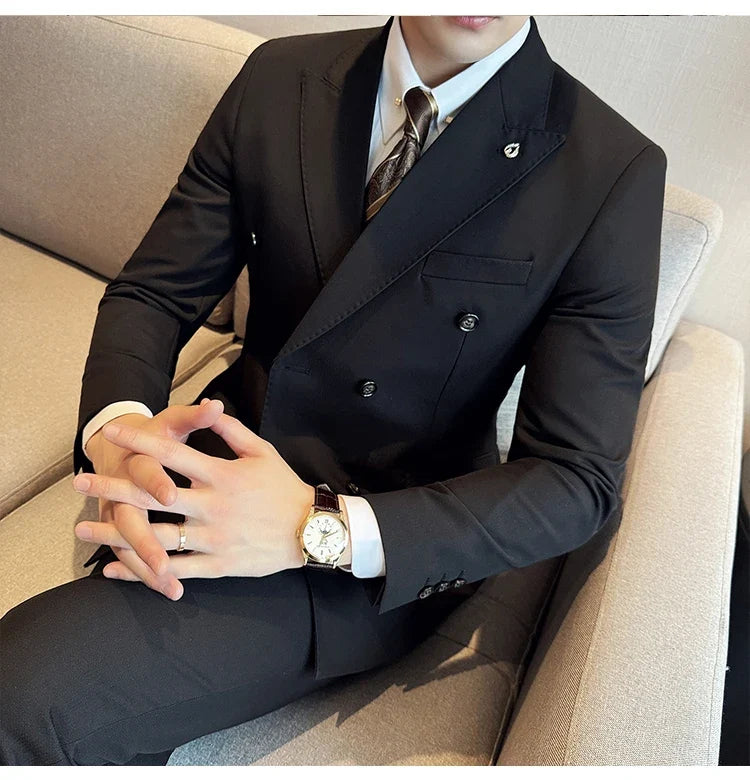 Men's Double Breasted Slim Fit Suit Set – Wedding & Smart Casual – Navy Blue, Brown, Black