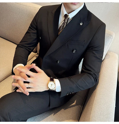 Men's Double Breasted Slim Fit Suit Set – Wedding & Smart Casual – Navy Blue, Brown, Black