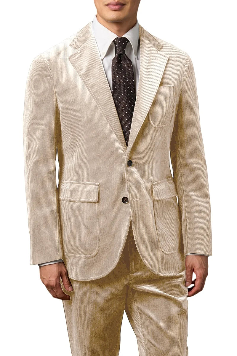 Men's Corduroy 2-Piece Suit – Classic Single Breasted Blazer & Pleated Pants for Wedding & Formal Occasions