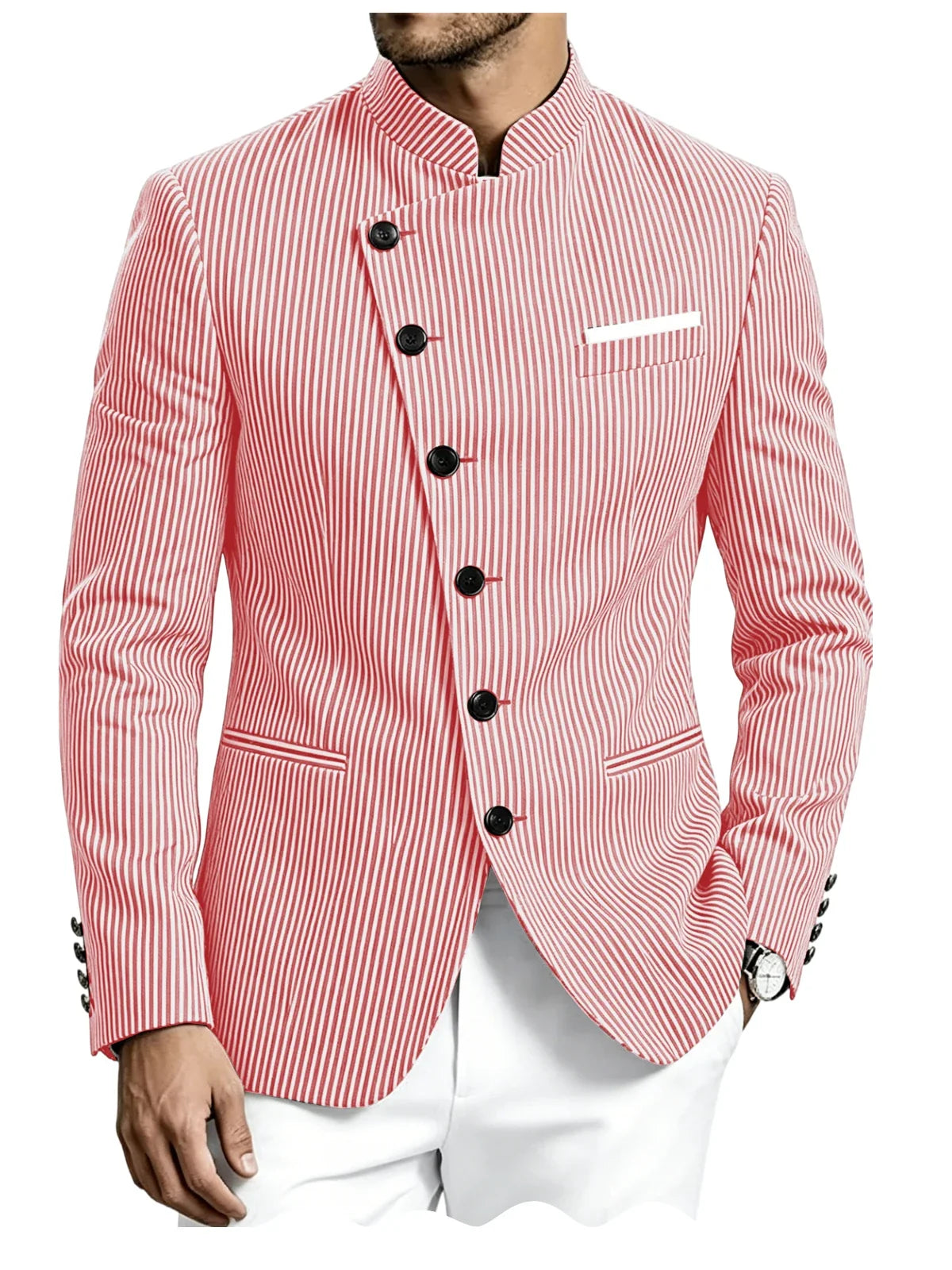 Men Mandarin Collar Suit Jacket Stand Collar Asymmetrical Single Breasted Men Blazer Slim Fit Business Formal Coat For Business
