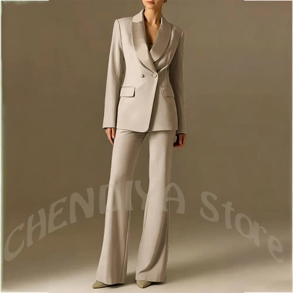 Classic Shawl Lapel Suit For Women Elegant Double Breasted Outfit Solid Color Two Piece Straight Modern Style Office Wear