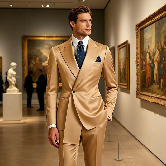 Men's Satin 2-Piece Suit – Slim Fit Single Button Tuxedo for Men – Peak Lapel Formal Blazer & Pants for Weddings & Dinner Events