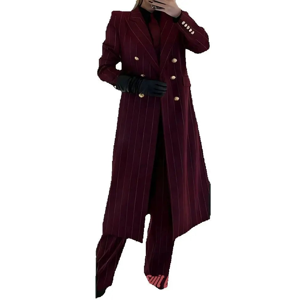 Burgundy Women's Suits Pinstripe Double Breasted Peaked Lapel Long Coat+Pants Set Elegant Formal Office Evening Party Outfit