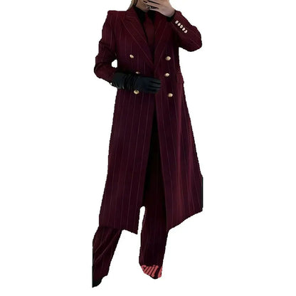 Burgundy Women's Suits Pinstripe Double Breasted Peaked Lapel Long Coat+Pants Set Elegant Formal Office Evening Party Outfit
