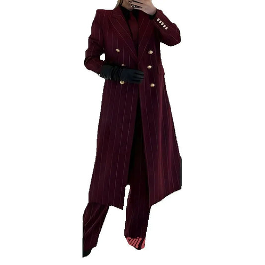 Burgundy Women's Suits Pinstripe Double Breasted Peaked Lapel Long Coat+Pants Set Elegant Formal Office Evening Party Outfit