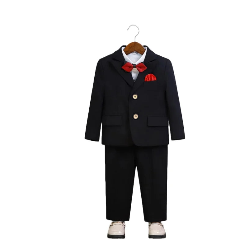 Boys Slim Fit Suit Set Kids Wedding Birthday Outfit Children's Performance Costume With Jacket Vest Pants Bowtie+Pocket Towel