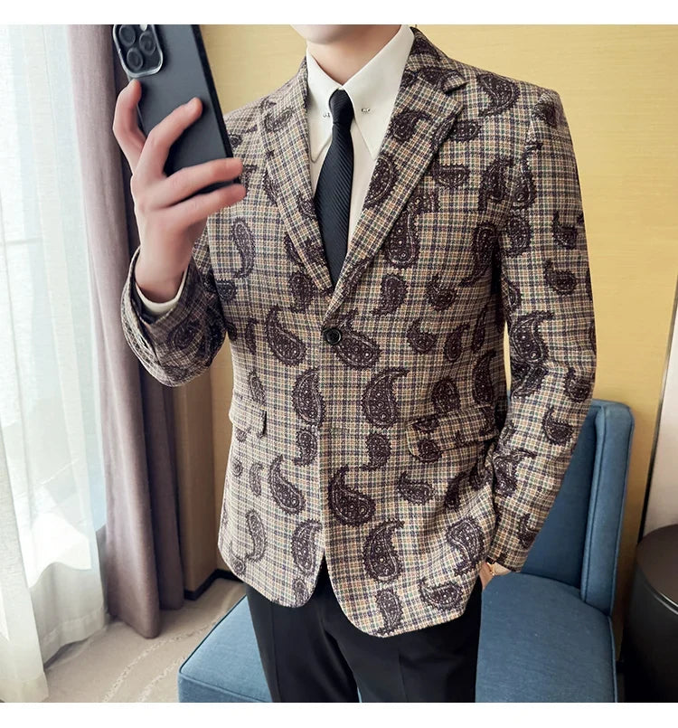 2025 Fashion Embroidery Jacquard Suit Jacket Korean Style Slim Fit Business Formal Social Prom Party Tuxedos Men Clothing 5XL-M