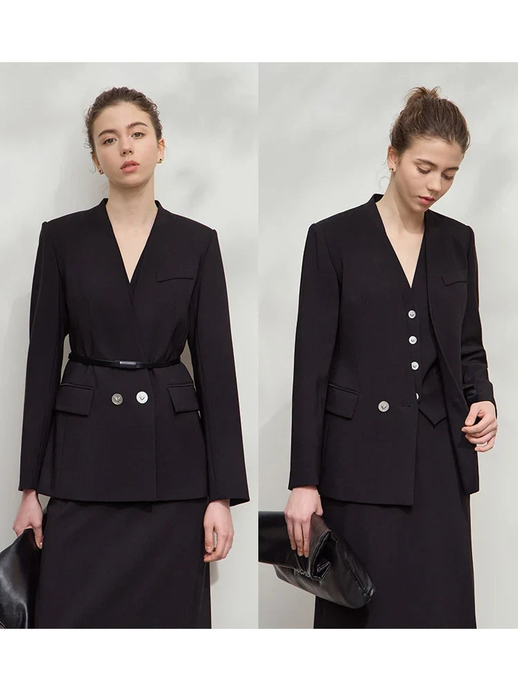 Minimalism Blazers For Women 2026 Autumn New Commuter V-neck Heart-shaped Buckle Shoulder-pad Professional Jackets 12453042