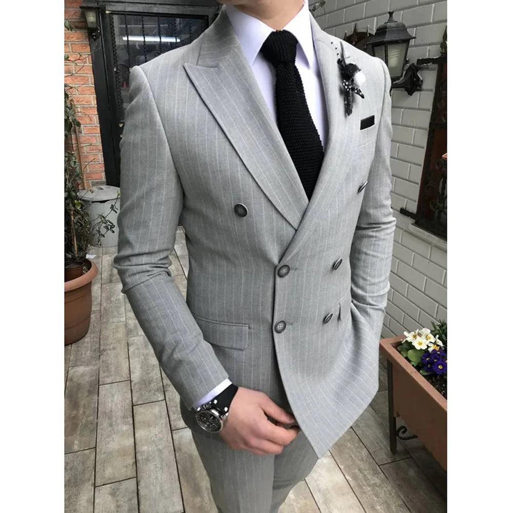Black Striped Slim Fit Men's Tuxedo 2 Piece Business Set with Peak Lapel Double Breasted Blazer And Pants for Wedding Party Prom