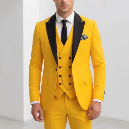 Men Suit Yellow 3 Pieces With Black Lapel For Wedding Groom Birthday Banquet Party Business Work Office Set Jacket Vest Pants