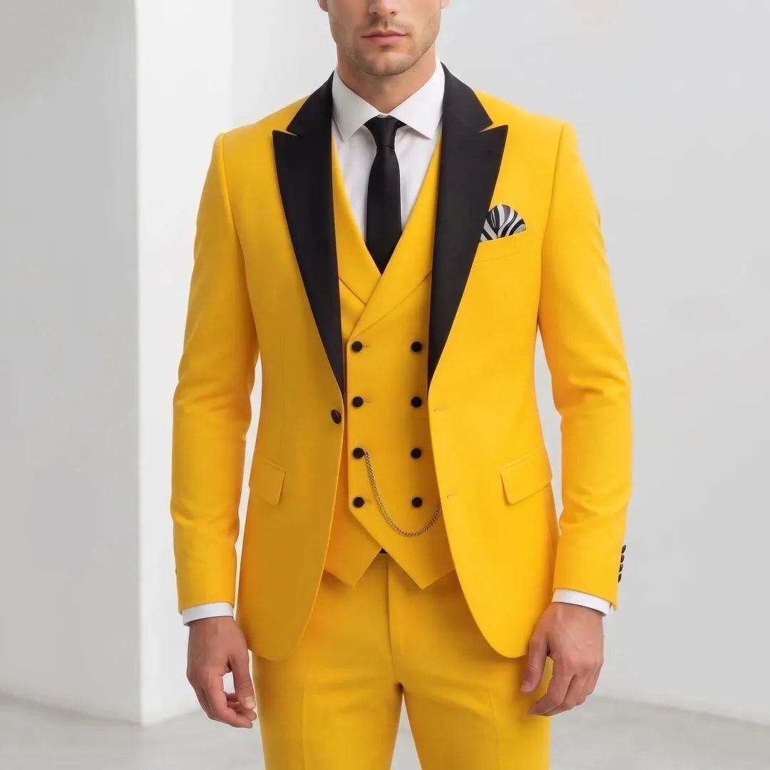 Men Suit Yellow 3 Pieces With Black Lapel For Wedding Groom Birthday Banquet Party Business Work Office Set Jacket Vest Pants